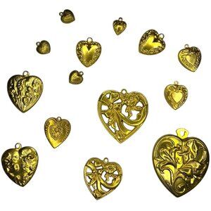Lot of 14 Vintage Metal Gold Tone Heart Shaped Pendant Charms Floral Stamped